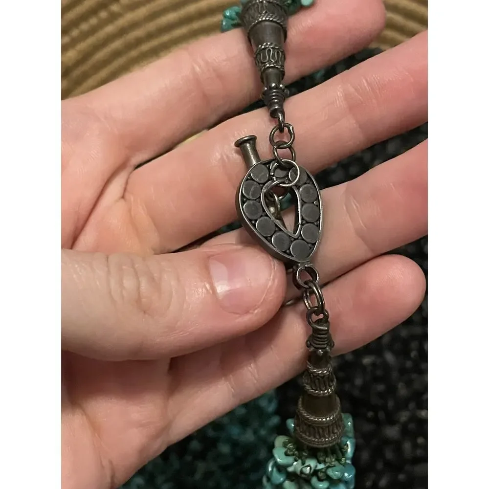 Sterling Silver Layered Multi strand Turquoise Chips Necklace Large Cones Toggle